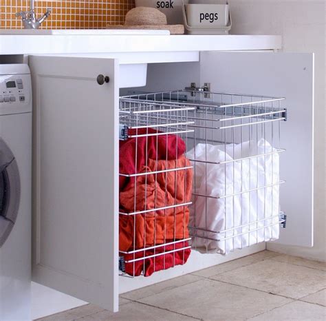 metal box in laundry closet|metal laundry station with basket.